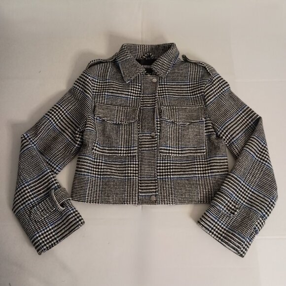 Me Jane Black White Blue Plaid Cropped Jacket Pockets Size Medium NWT - Picture 4 of 16